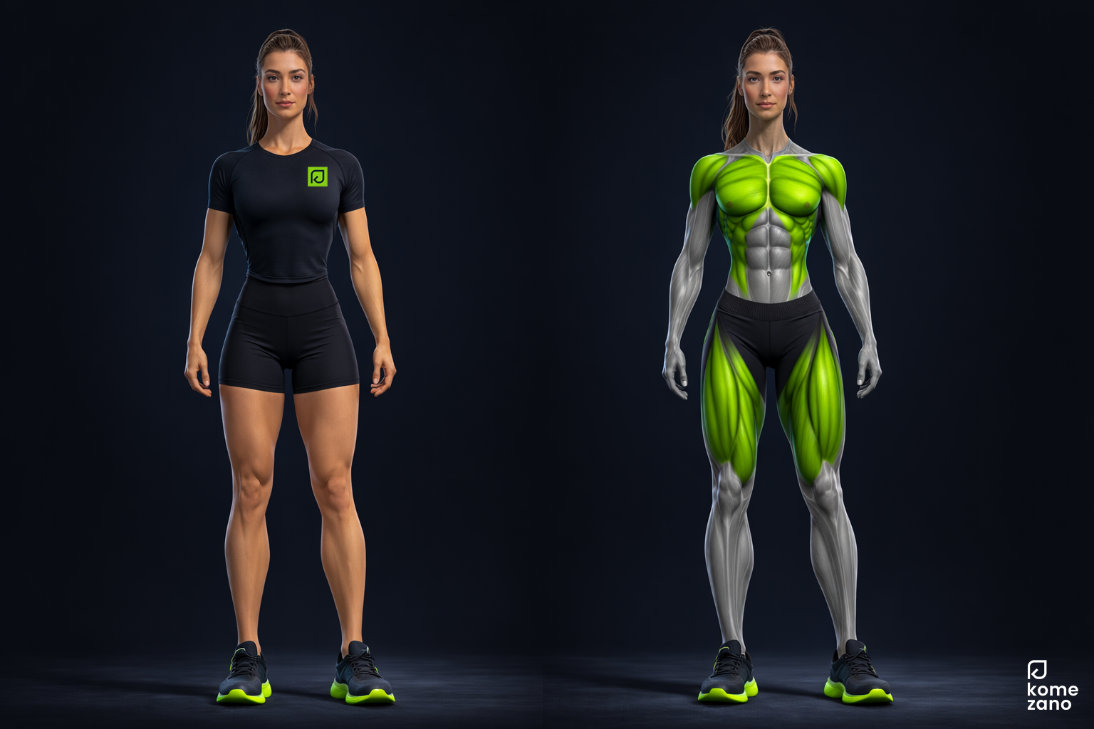 Komezano female trainer with muscle activation map